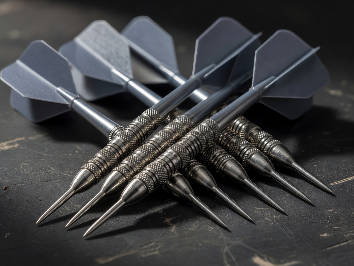 Close up of steel tip darts and flights