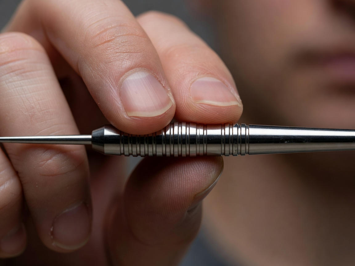 Close up showing three fingers gently gripping a dart barrel