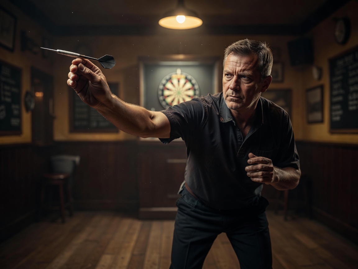 Player gripping a dart preparing to throw