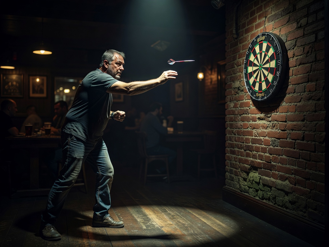 Player throwing a dart under spotlight