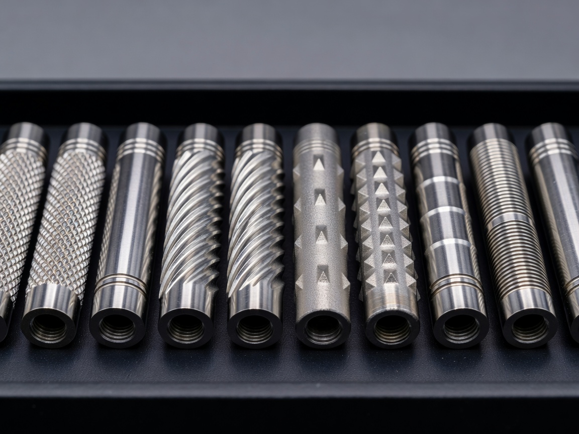 Row of shiny tungsten dart barrels with different grips