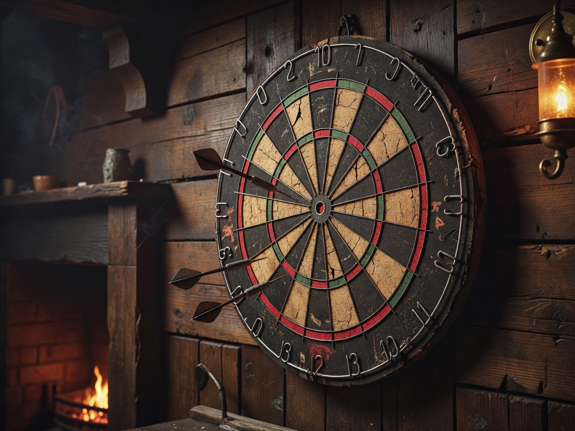 Vintage dartboard and wooden tavern background